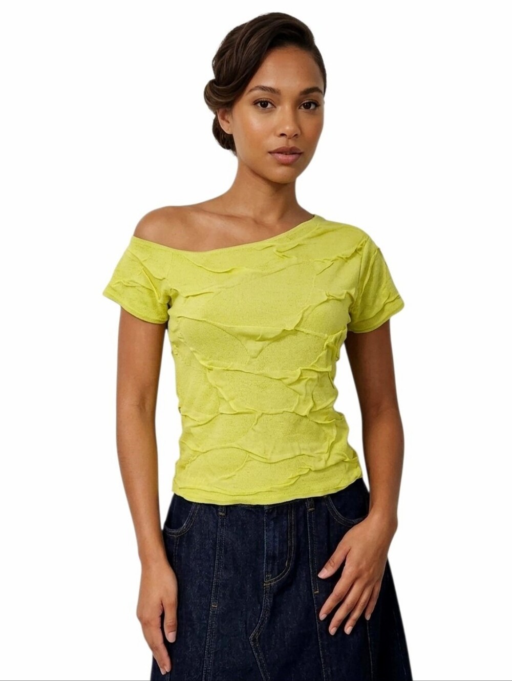 Zara Off-Shoulder Short Sleeve Stretch Top in Lime Green size M